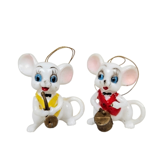 Vintage 60s White Mice Playing Instruments Set of 2 Christmas Ornaments J62 - Picture 1 of 8
